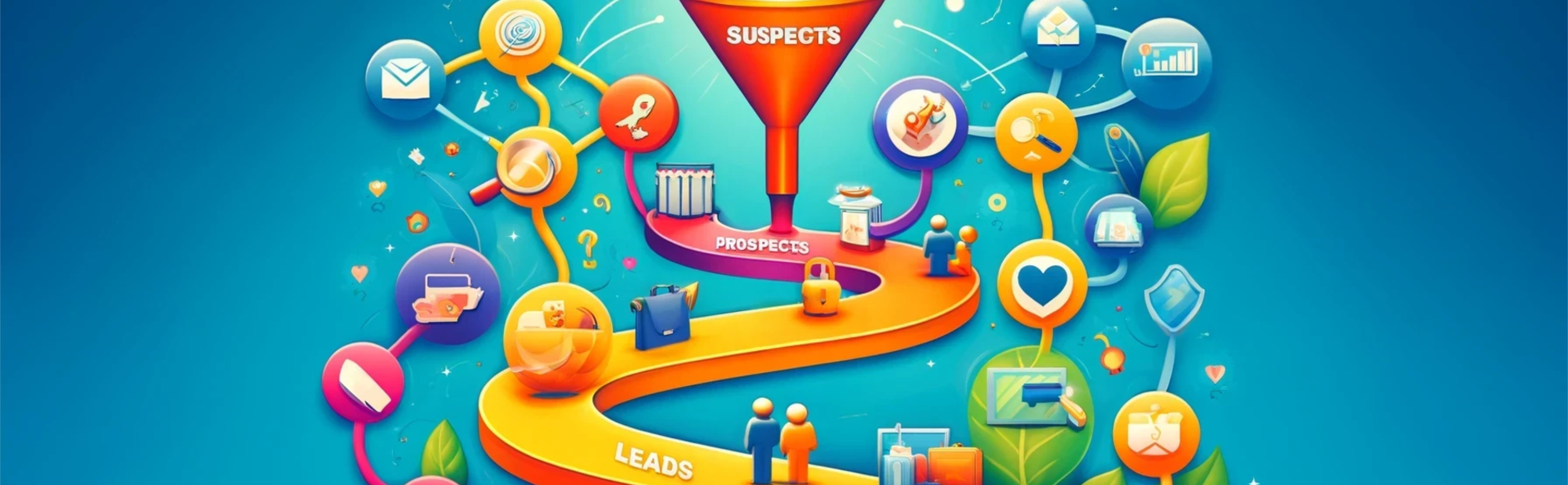 A stylized sales process with items flowing from top to bottom.