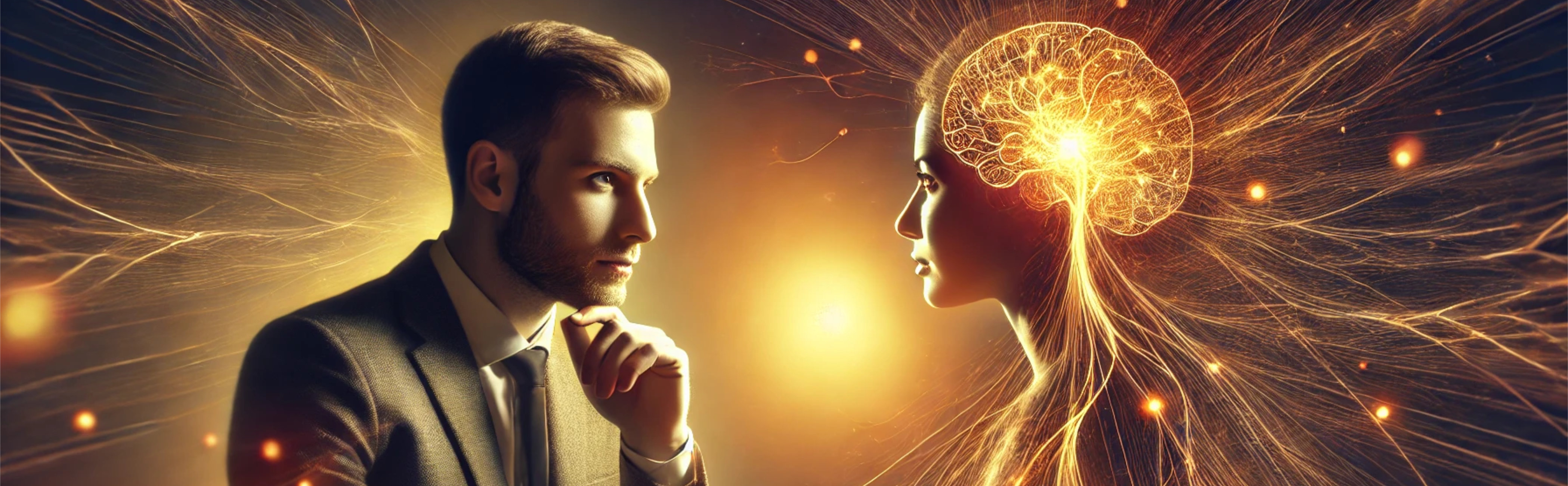 A conceptual image of a man interacting with emotional intelligence, depicted as a brain with energy in the form of a young woman.