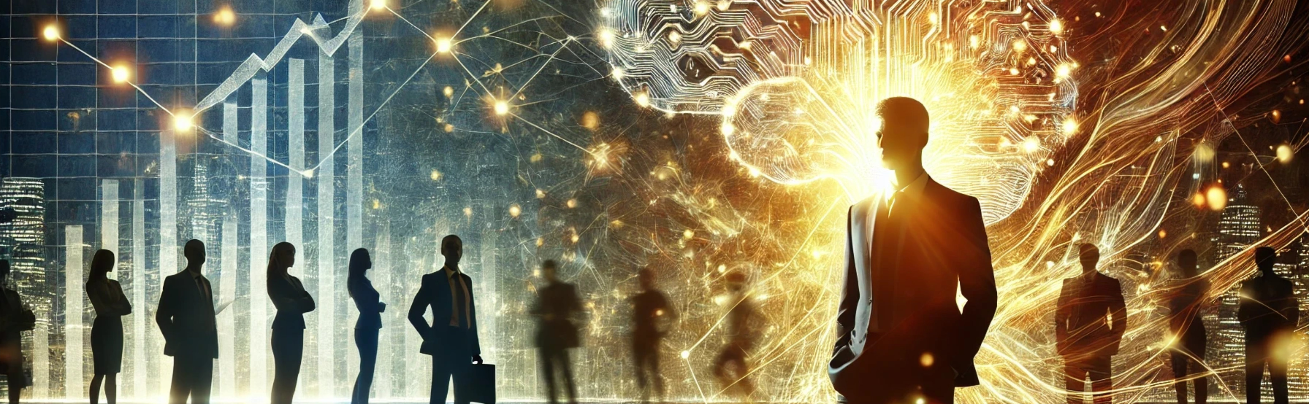 A conceptual image a man stands below a stylized computer brain, with out people silhouetted to the side. Showing their EQ and improving their sales.