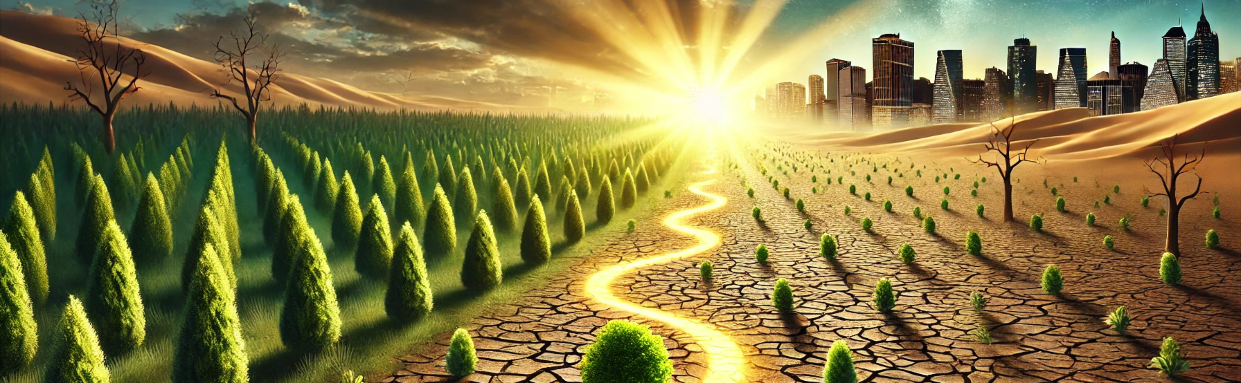 A visually striking conceptual image representing marketing clarity and growth for small businesses. A barren, cracked desert landscape transforms into a lush green forest, with new forest beginning to grow in the desert.