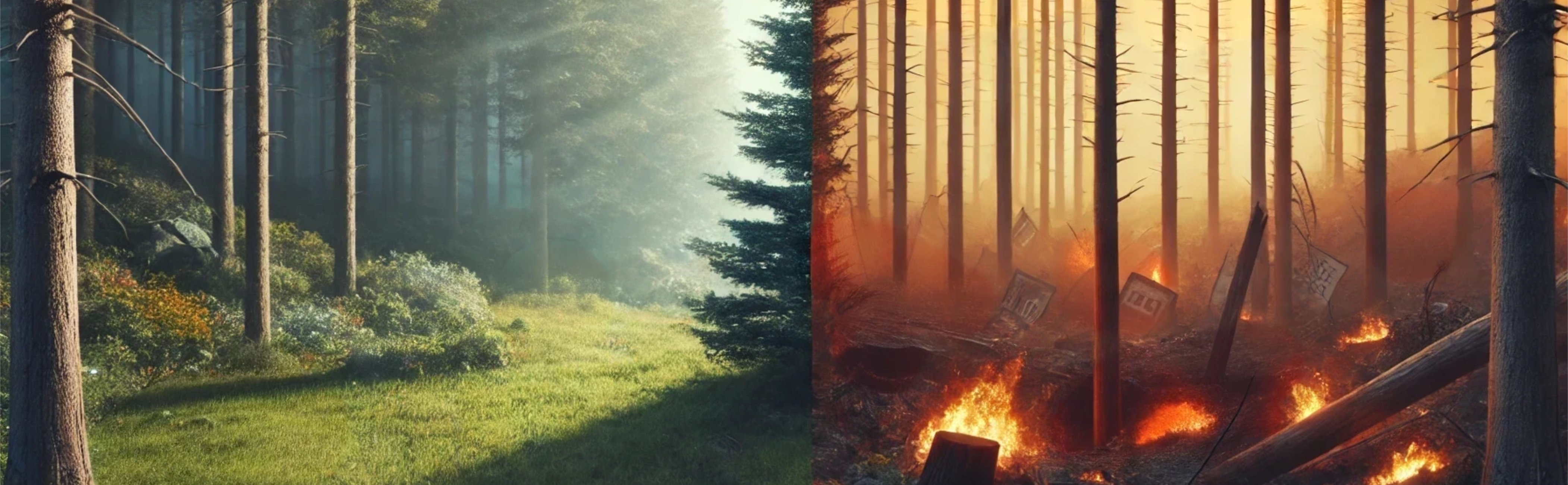 A visually striking conceptual image representing the metaphorical contrast between untouched natural beauty and a damaged environment, focusing on the emotional and conceptual impact of good vs bad marketing.