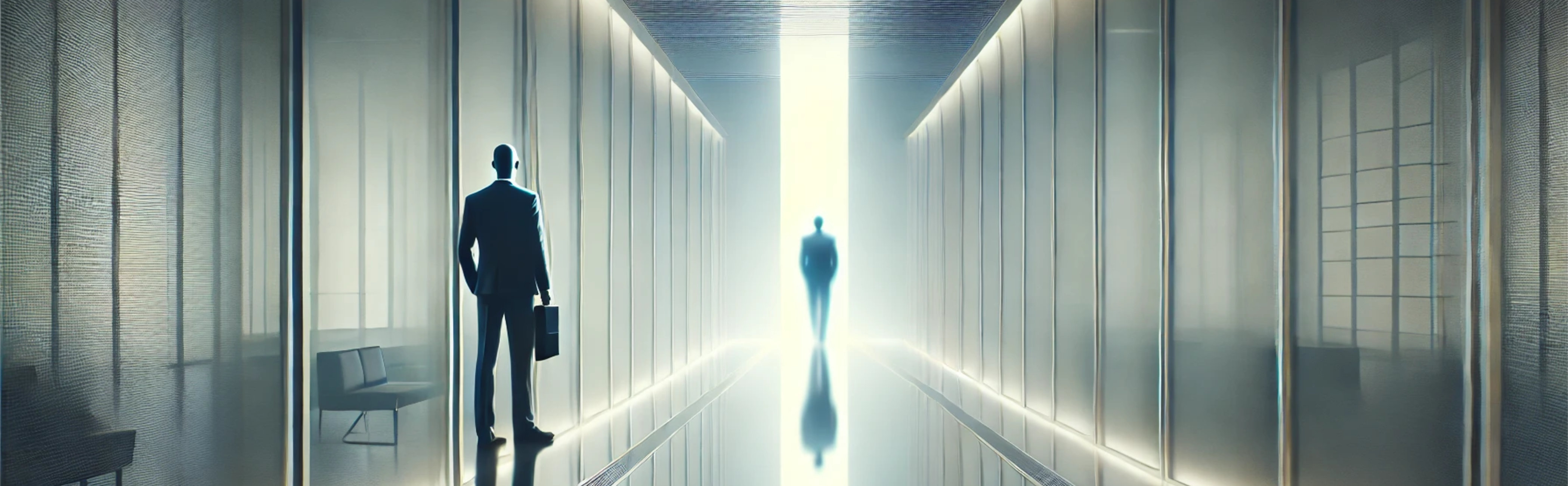 A conceptual and evocative image symbolising client loss in a professional services context as an accountant watches this client walk into the light at the end of the corridor.