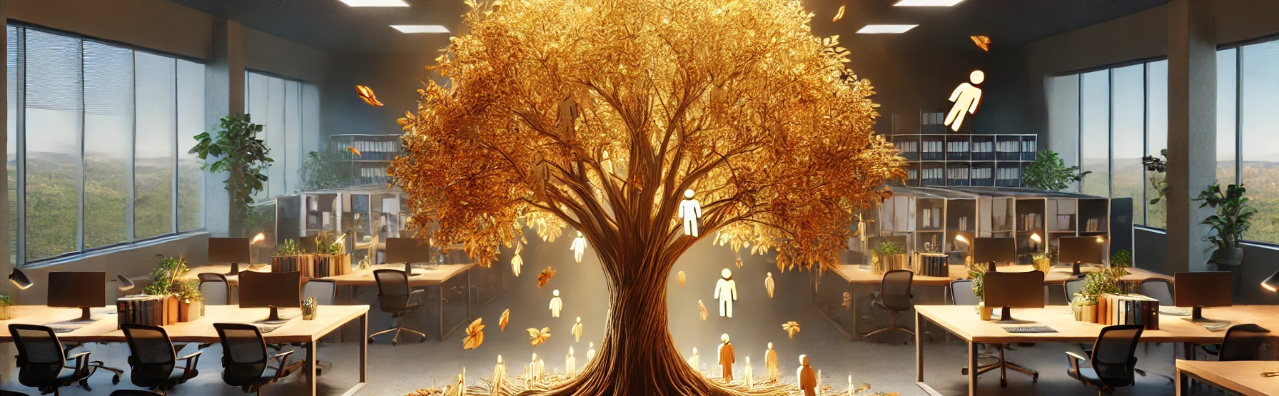 A conceptual image clearly representing client retention in professional services. A large tree stands in the centre of a professional office with clients entering at the roots and leaving into the air near the top.
