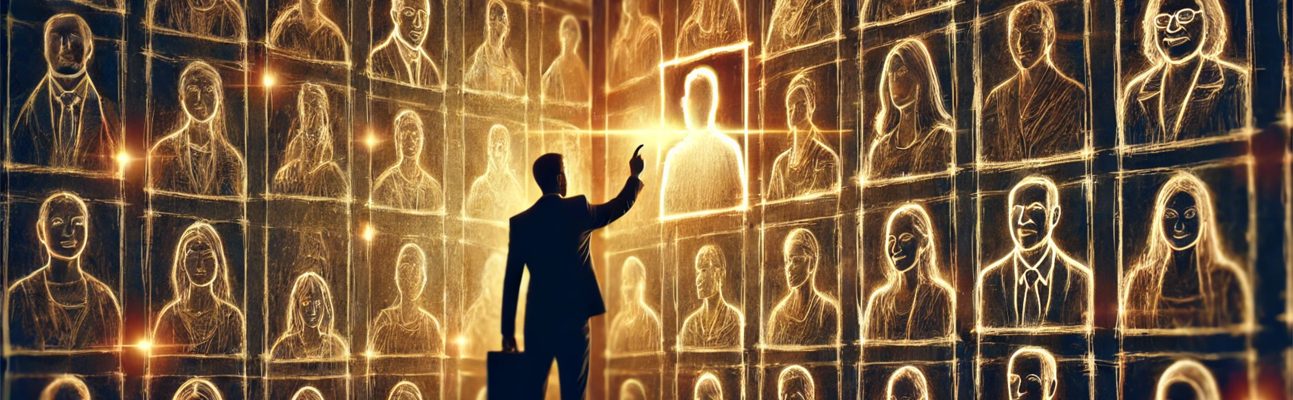 A conceptual and emotionally evocative image representing the theme of market research and discovering the ideal client. A businessperson is standing in front of potential clients and choosing the perfect one.