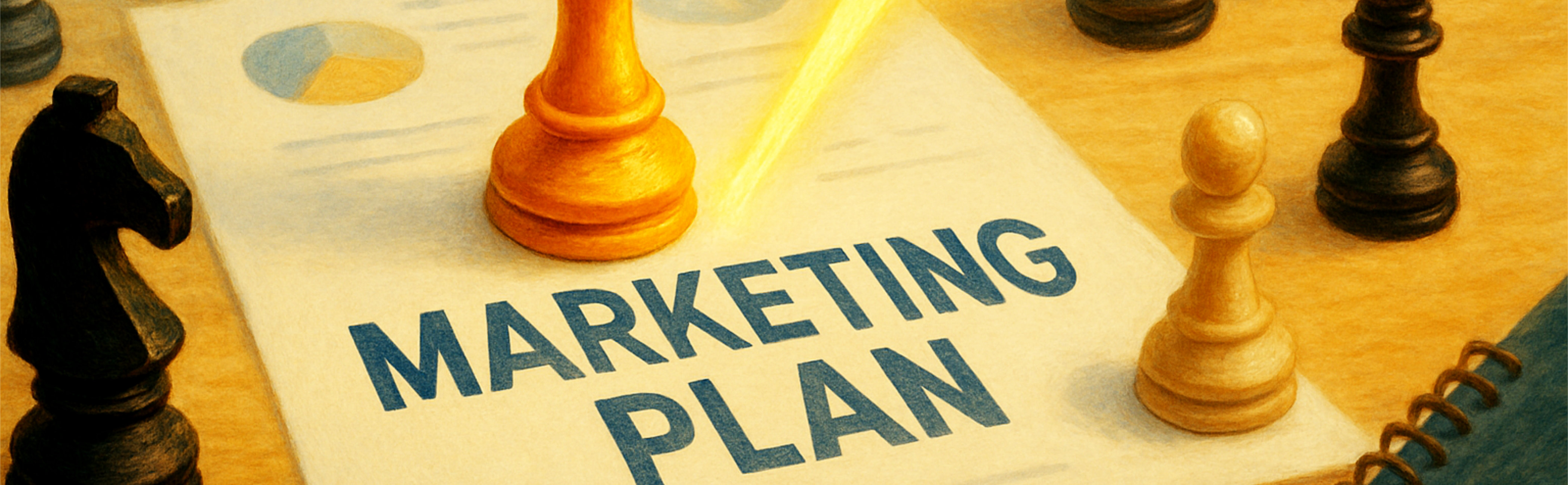 A conceptual image of a chess king, sitting on a marketing plan. It symbolises the the power of planning a marketing plan leads to success.