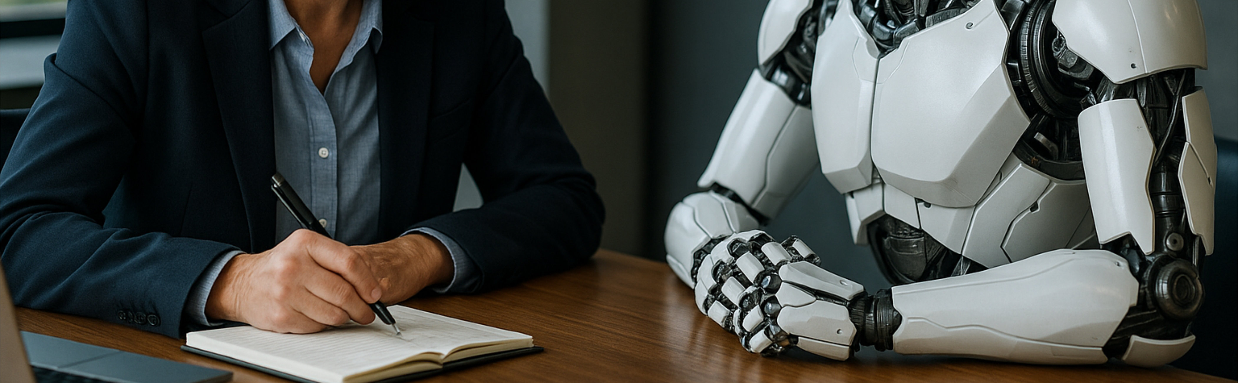 A conceptual image that without a policy you are at the mercy of the AIs output and without control, depicted as a woman, writing a document, but under the control or an AI robot.