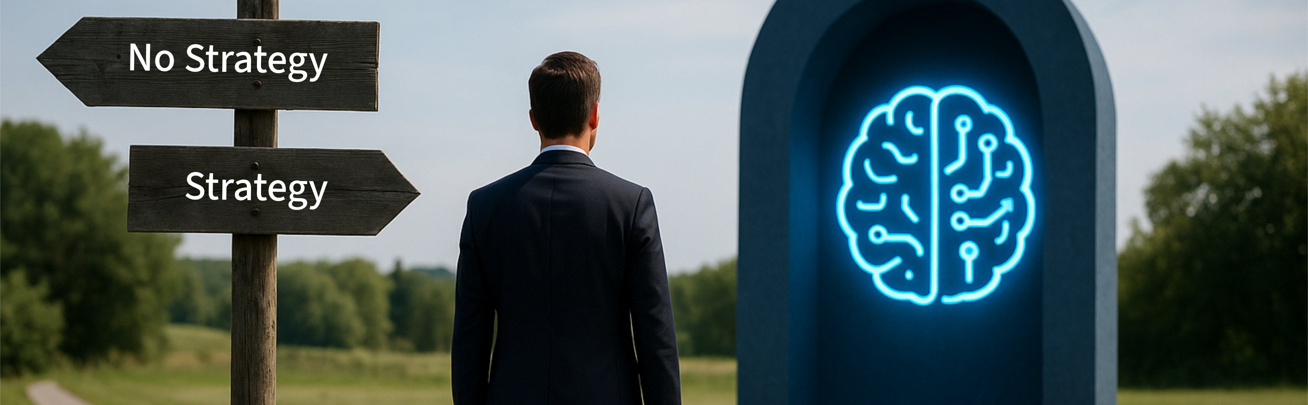 A conceptual image showing a man, standing before three paths, one to make an AI strategy, one to no and another unknown path.