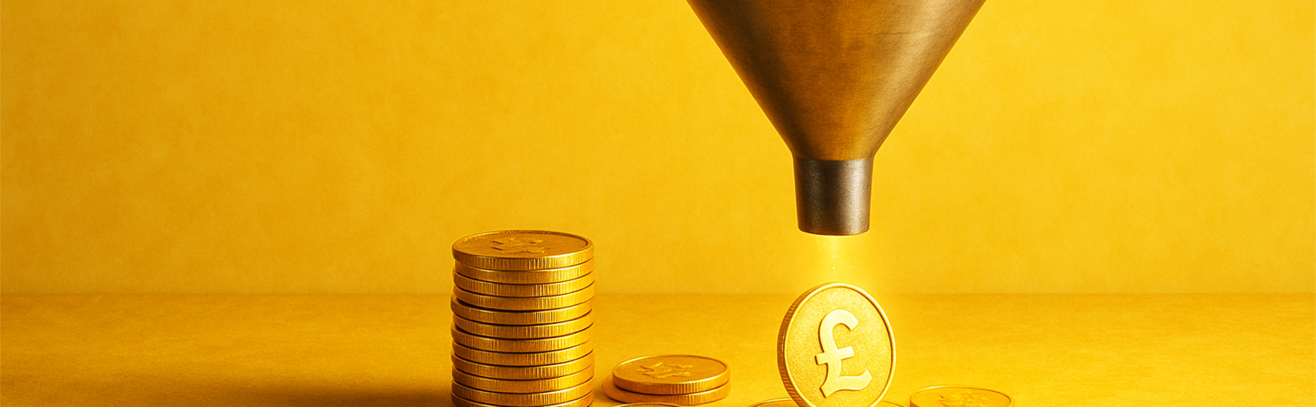 A conceptual image showing pound symbols flowing into a funnel and coming out as pound coins - symbolising the conversion of potential into actual money.