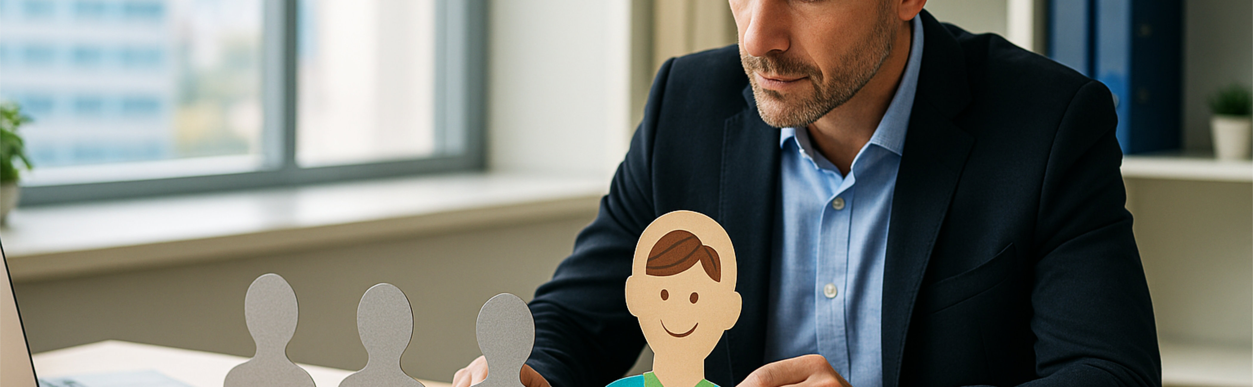 A conceptual image showing a business man working on cardboard cutout personas, with only one showing full colour and looking good.