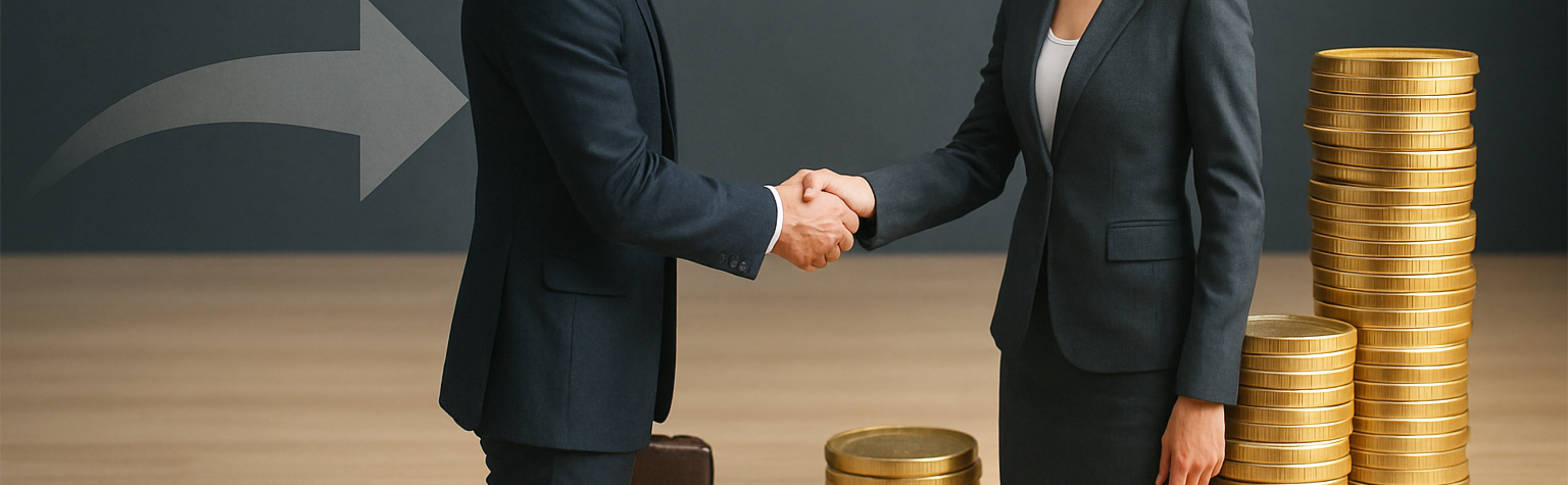 A conceptual image showing a business man being stressed over money, while two shadows representing suppliers talk in the background.