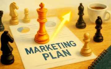 A conceptual image of a chess king, sitting on a marketing plan. It symbolises the the power of planning a marketing plan leads to success.