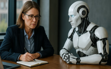 A conceptual image that without a policy you are at the mercy of the AIs output and without control, depicted as a woman, writing a document, but under the control or an AI robot.