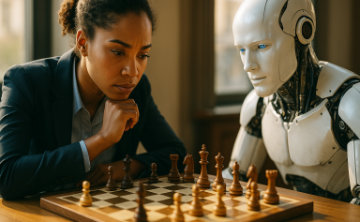 A conceptual image showing a woman and a robot playing chess. It symbolizes the challenge of separating strategy from policy in an AI context.