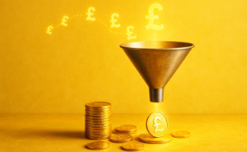 A conceptual image showing pound symbols flowing into a funnel and coming out as pound coins - symbolising the conversion of potential into actual money.