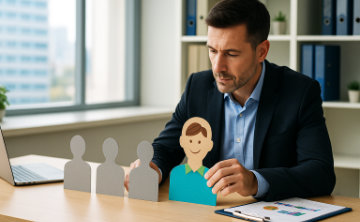 A conceptual image showing a business man working on cardboard cutout personas, with only one showing full colour and looking good.