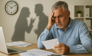 A conceptual image showing a business man being stressed over money, while two shadows representing suppliers talk in the background.