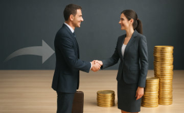 A conceptual image showing a business man being stressed over money, while two shadows representing suppliers talk in the background.