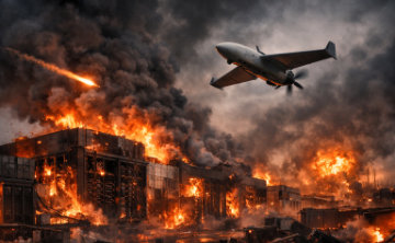 A conceptual image showing a business man being stressed over money, while two shadows representing suppliers talk in the background.