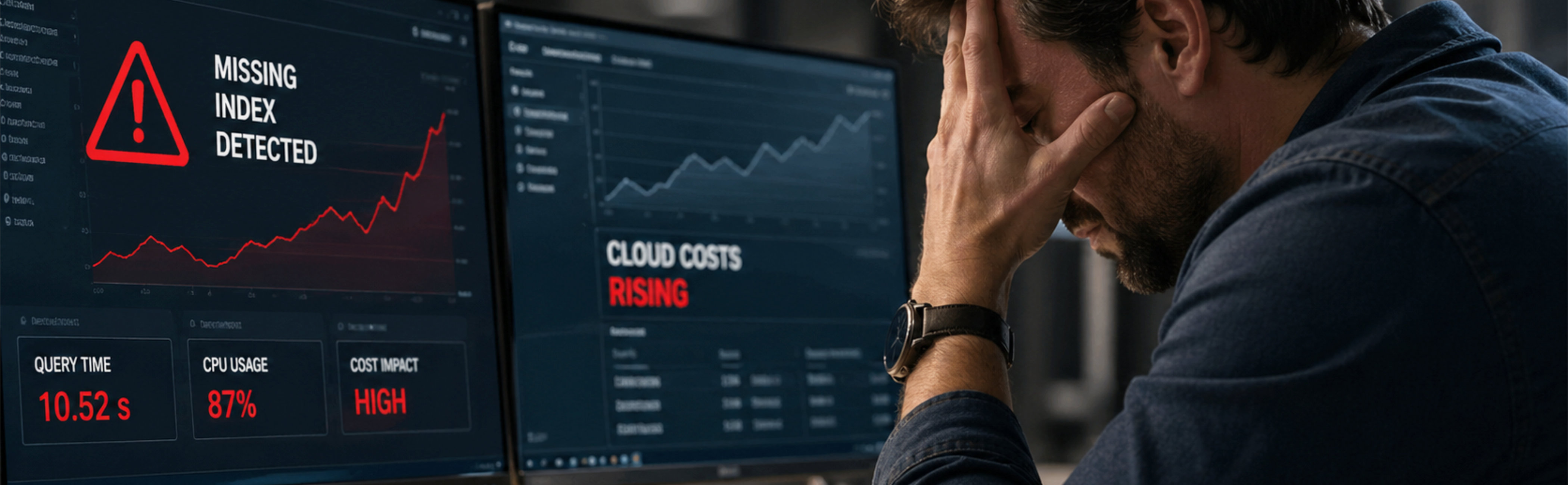 A man looking at screens showing costs going up, latency increasing the business needing improving.