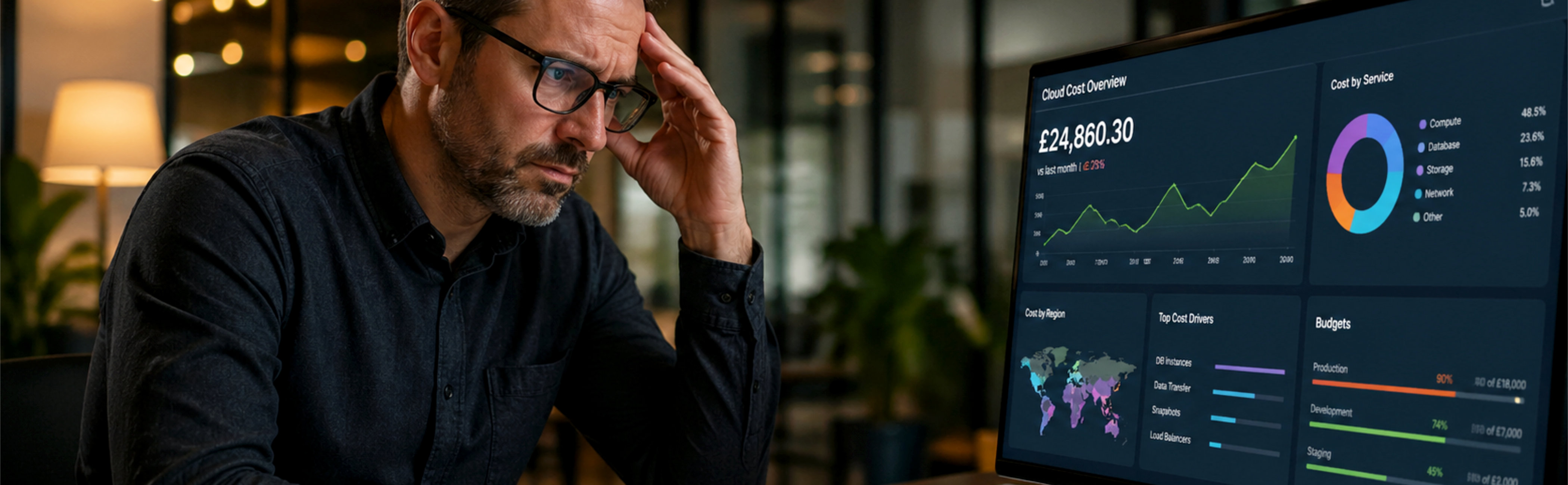 A man contemplating the graphs and pie charts on his screens, which show the costs of doing business.