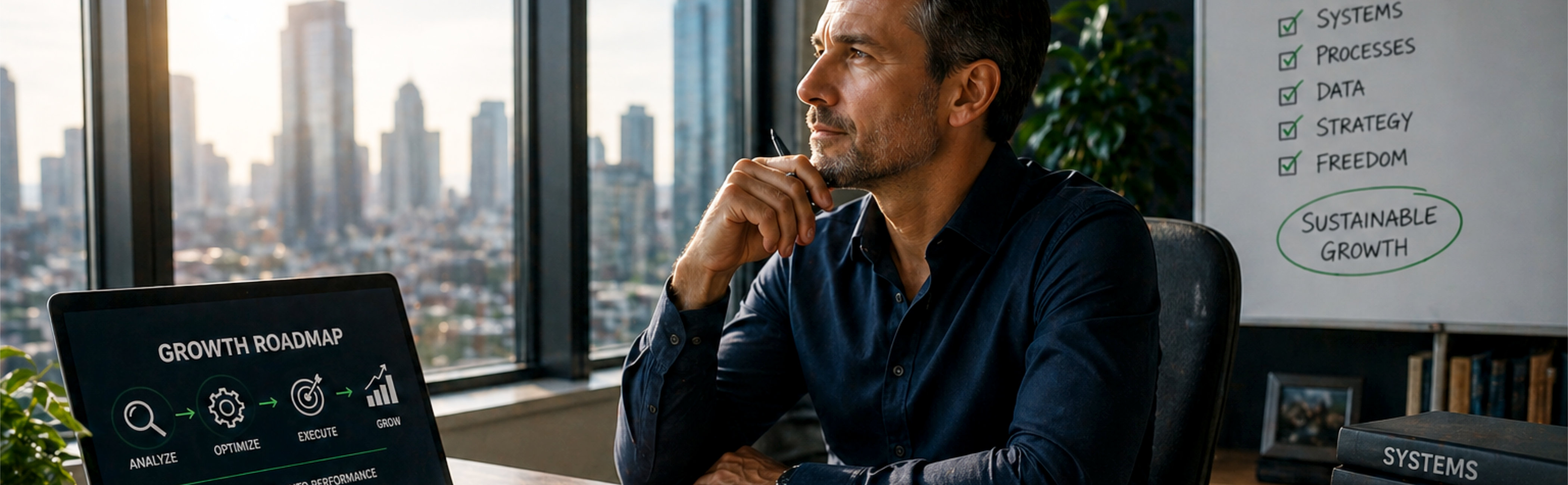 A man contemplating how to move from working hard in the business to creating systems to allow the business to grow efficiently.
