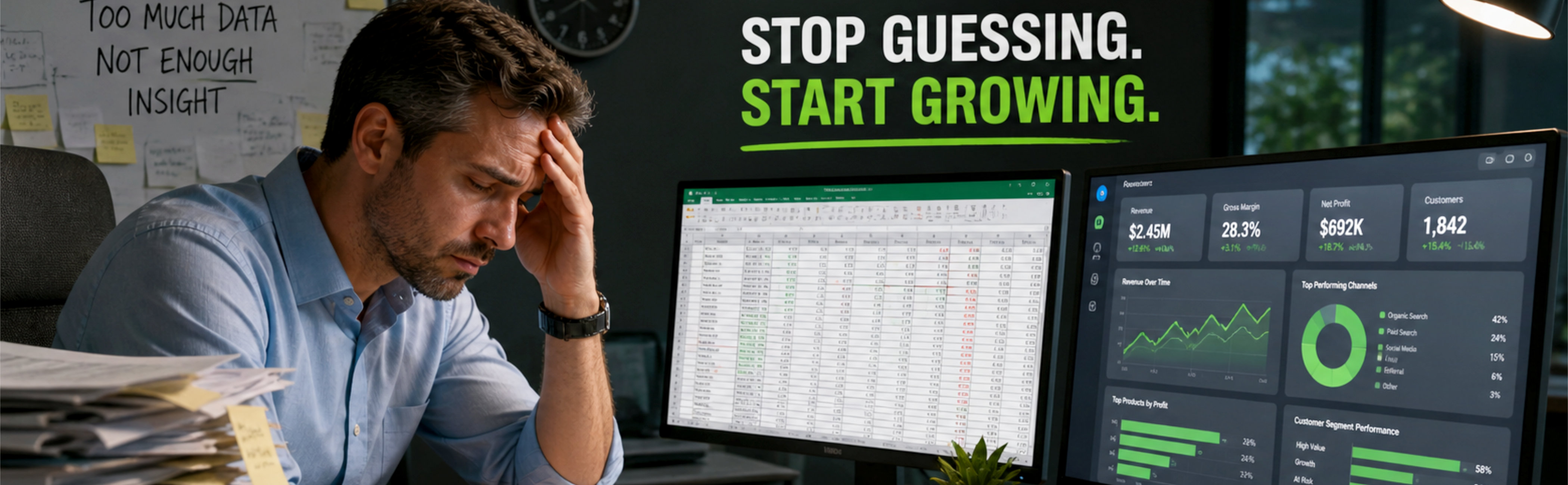 A man looking worried at spreadsheets with papers strewn all over the desk, hoping for better data design and visibility.