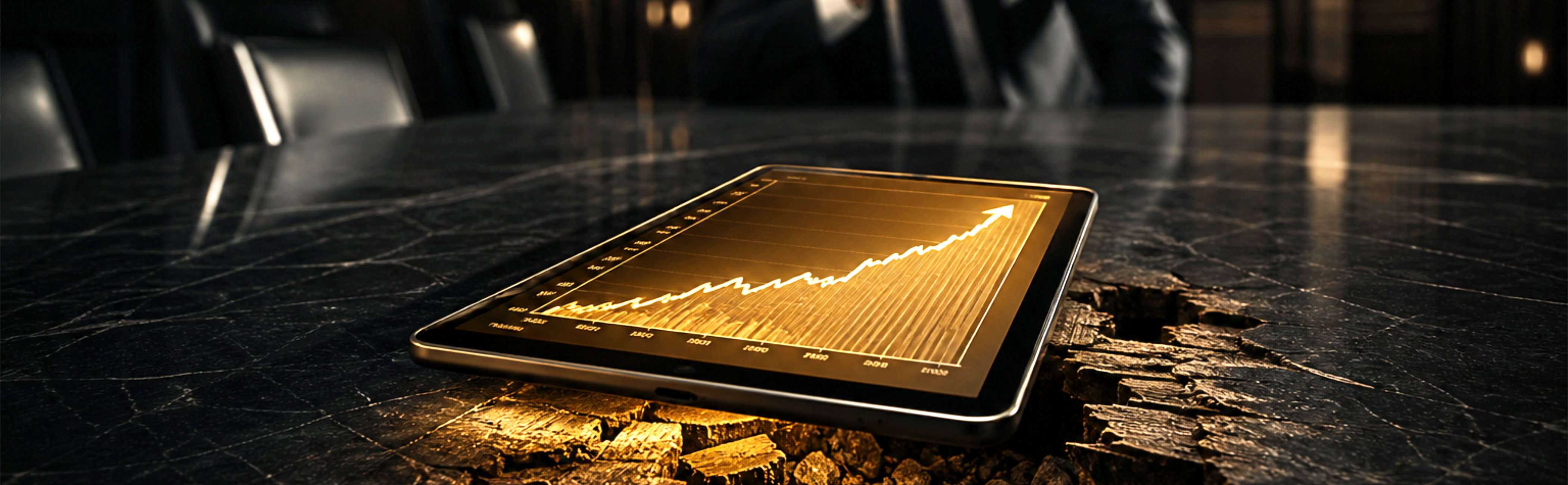 A man sitting in a boardroom, looking at a tablet with authoritative looking data, while the table below, rots.
