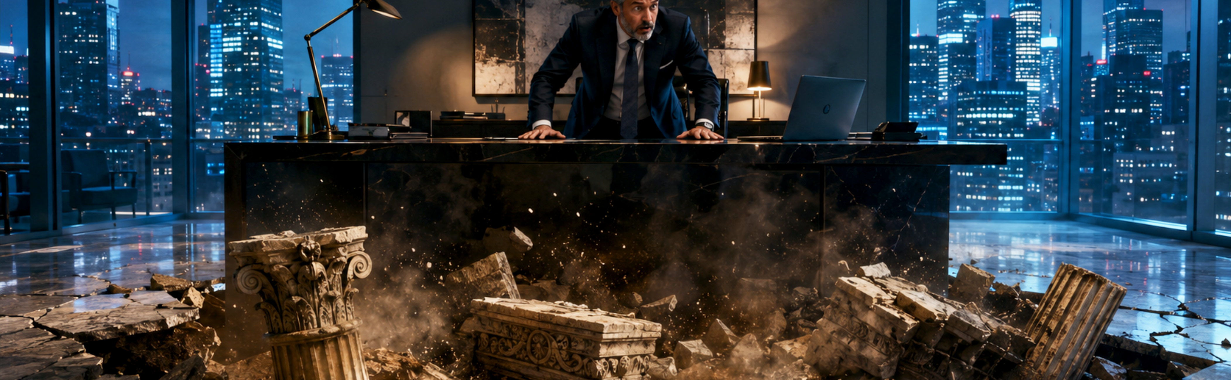 A man stands at his desk as he watches the ancient Roman Empire rise from the floor in front of him.