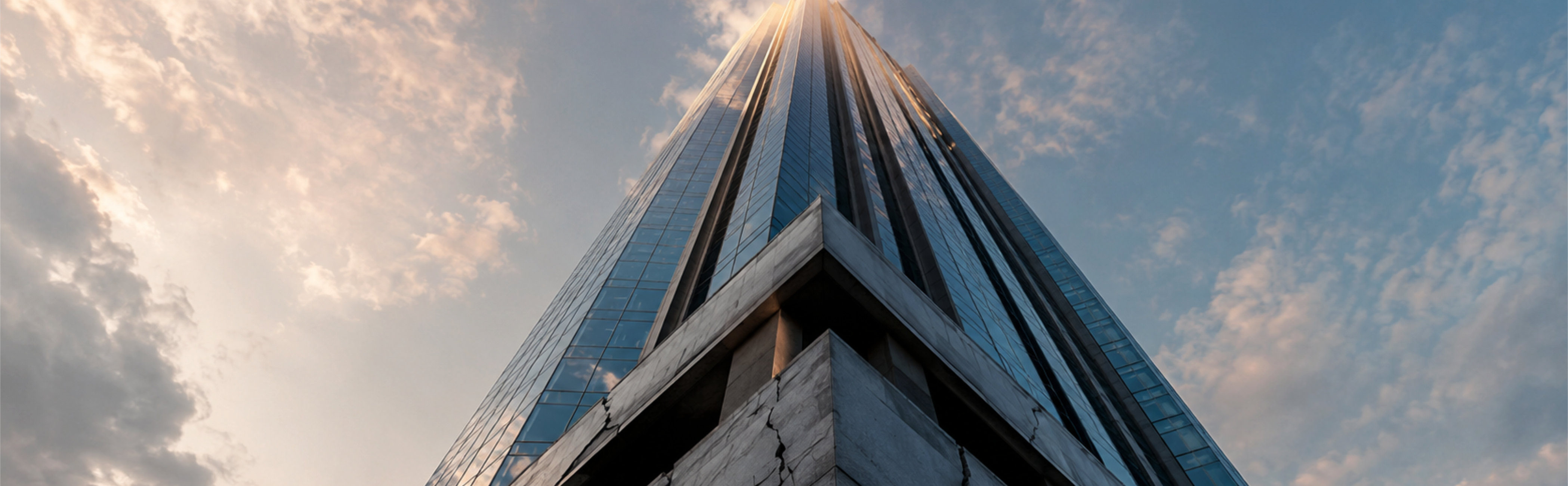 A new tower climbing into the sky, with a cracked base, representing the stress and strain of business getting harder.