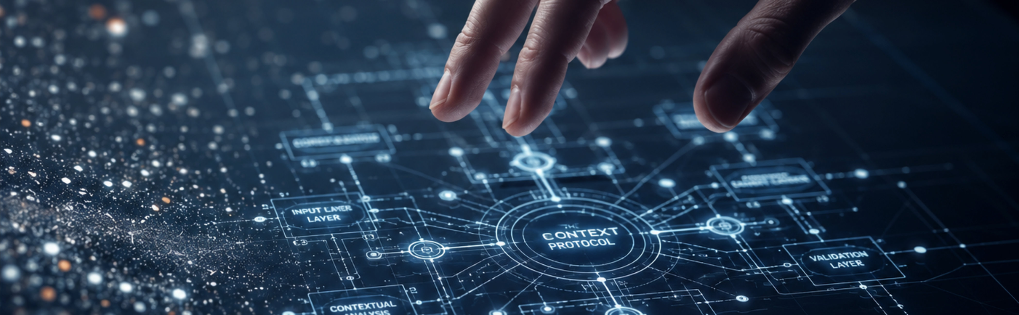 A close-up of a hand hovering over a sleek, dark glass surface. On the glass, a complex, glowing holographic architectural blueprint is being projected, not as messy code, but as perfectly symmetrical, geometric nodes and precise, interconnected lines representing 