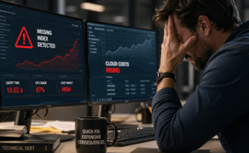 A man looking at screens showing costs going up, latency increasing the business needing improving.