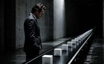 A man stares at a conveyer belt filled with white cubes as the considers the scaling of his business.