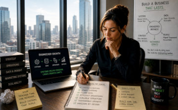 A woman sitting at a desk working on how to build assets and wealth, rather than simply funding others.