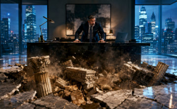 A man stands at his desk as he watches the ancient Roman Empire rise from the floor in front of him.