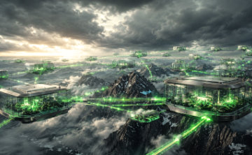 Glowing pods representing a distributed architecture connected by pulsing green lines.