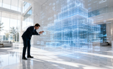 A businessman in a suit interacting with an expansive, glowing blue 3D holographic architectural model of a building within a bright, modern corporate lobby.